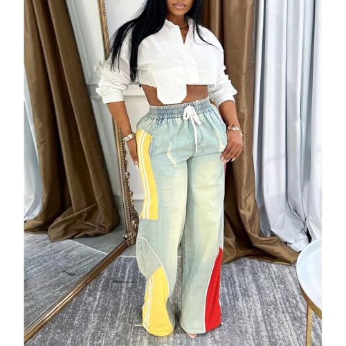 Womens Color Block Patchwork Denim High Waisted Wide Leg Pants Jeans2