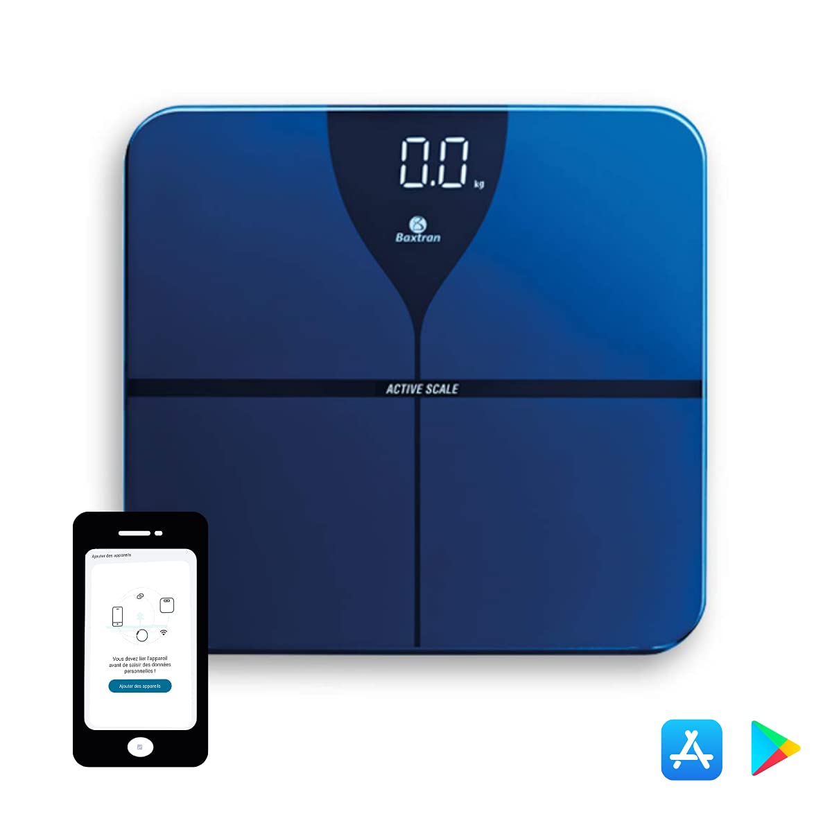 BAXTRAN – Báscula digital con función Bluetooth – Análisis de grasa – Báscula conectada con una aplicación – Diseño elegante – báscula eficaz y robusta