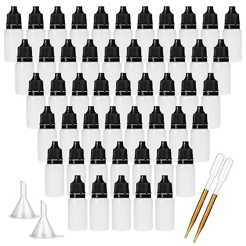 DONQL 50Pzs Botellas de Goteo 10ml, Frasco Cuentagotas de Plástico, Gotero Botellas para Aceite Esencial, Reutilizable Gotas para Los Ojos, DIY Líquido, con 2 Pegatinas y 2 Embudos y 2 Tubos de Ensayo