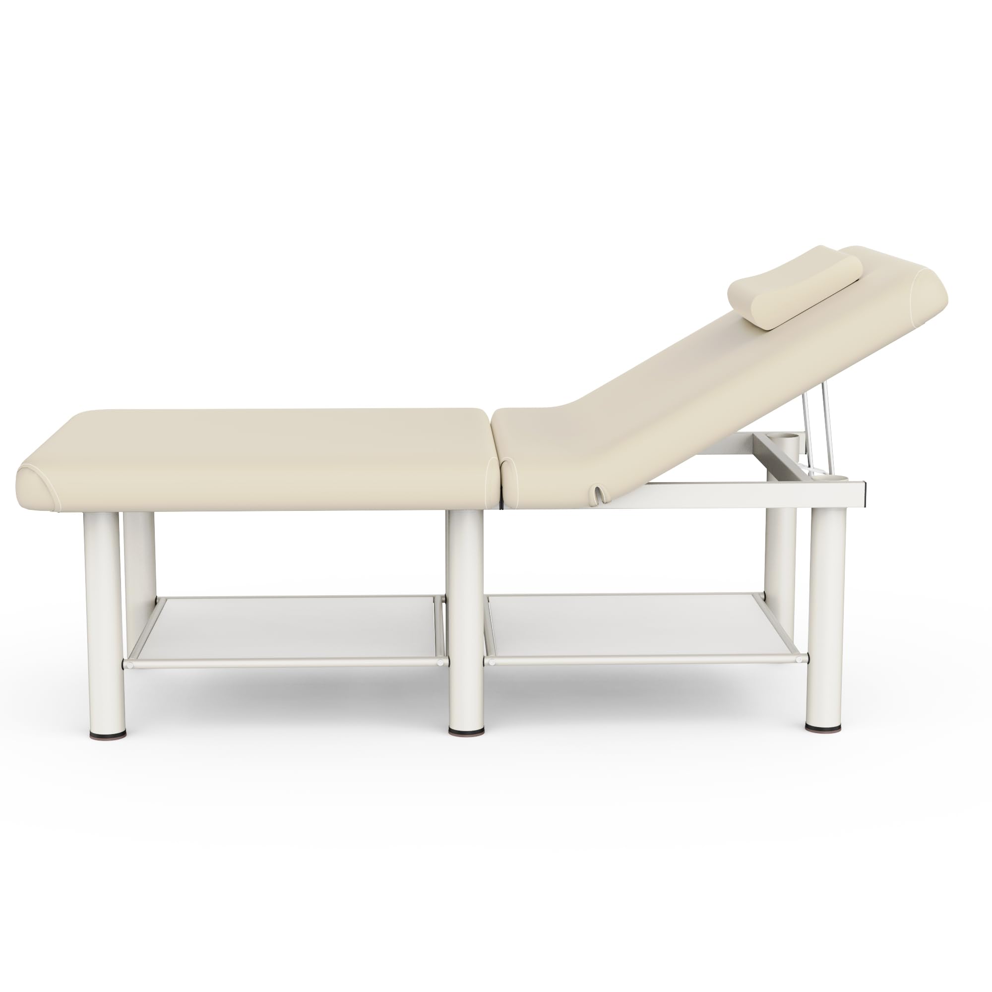 Dolonm 30.5in Wide × 75in Long Stationary Massage Table with Backrest and Storage Space, Metal Frame PU Leather for Treatment Table Physical Therapy Table Spa Facial Bed, Beige Gray - 6 Round Legs