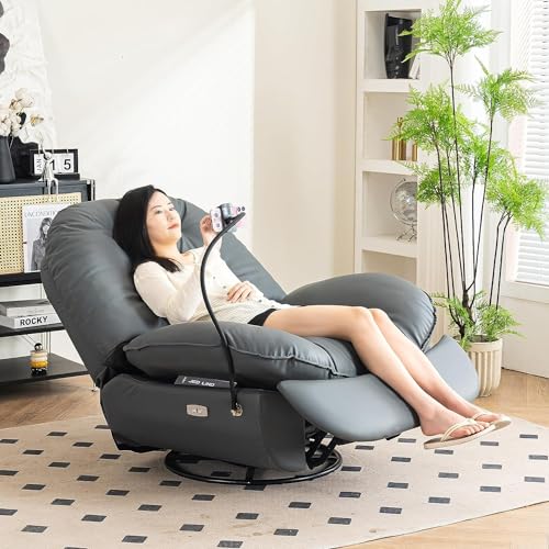 Image of Oversized Electric Recliner Chair, 270 Swivel Rocking Glider Rocker for Adults Modern Ergonomic Lounge Chair Living Room with Phone Stand & Smart Voice Control Theater Seating, Grey Fuax Leather