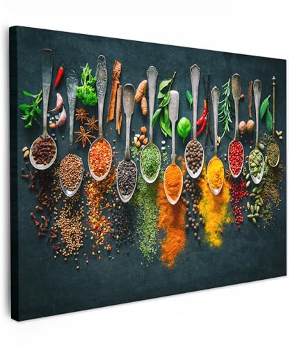 MuchoWow© Impression sur Toile Photo Peinture 70x50 cm Tableau Decoration Murale Chambre Salon Maison Deco Cuisine Cuisine - Herbes - Epices - Cuillères