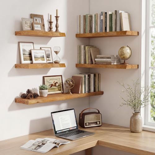 Image of 18 inch Floating Shelves for Wall Live Edge, Natural, 2PCs | 8'' D Rustic Solid Elm Wood Floating Shelves Wall Mounted, Wall Shelves, Invisible Bracket, Living Room Bedroom Kitchen