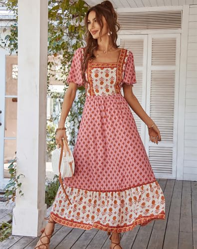 Image of Sister Amy Women's Boho Floral Print Square Neck Beach Party Flowy Ruffle Midi Dress