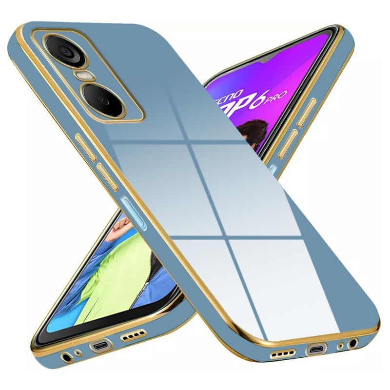 Mr. Case Electroplated Chrome 6D Back Cover Case for Tecno Pop 6 Pro | (Gold Plated Frame | Glossy Backside -Stone Blue)