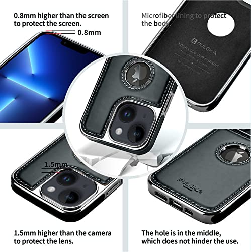 Image of PULOKA Chrome Leather Back Case - Compatible with iPhone 15 - Luxury Bumper Case - Flexible Vegan Leather - Electroplated Sides & Logocut - Full Camera Protetection & Raised Edges - (Black)