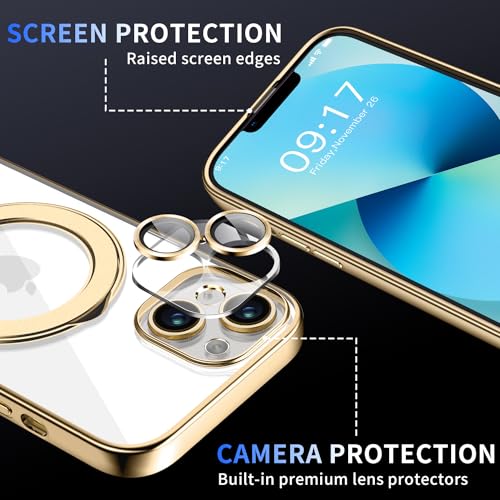 Image of Magnetic for iPhone 13 Case with Invisible Stand[Compatible with MagSafe][Full Camera Lens Protector][Military Drop Protection] Shockproof Not Yellowing Clear Slim Soft Women Men Gold