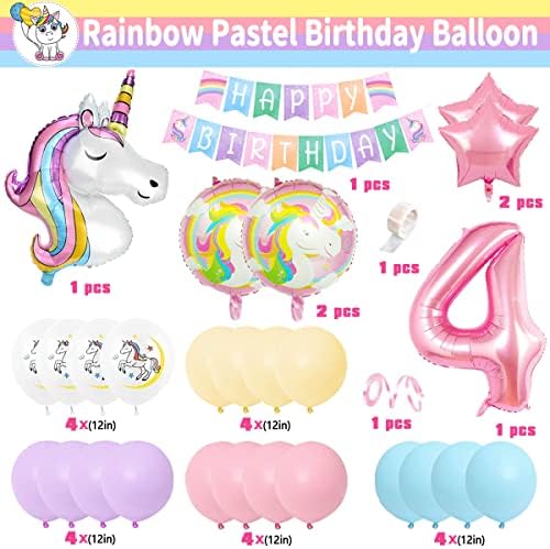 4th Birthday Decorations Girls, Unicorn Birthday Decoration Set Pastel, Large Number 4 Foil Balloon, 3pcs Huge Unicorn Helium Balloons, 4 Year Unicorn Party Supplies for Baby Girls Birthday Party
