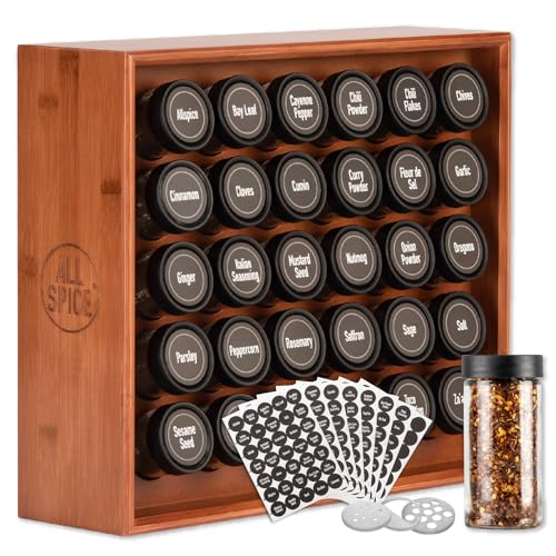 AllSpice Wood Spice Rack Organizer, 525 Unique Labels, Countertop...