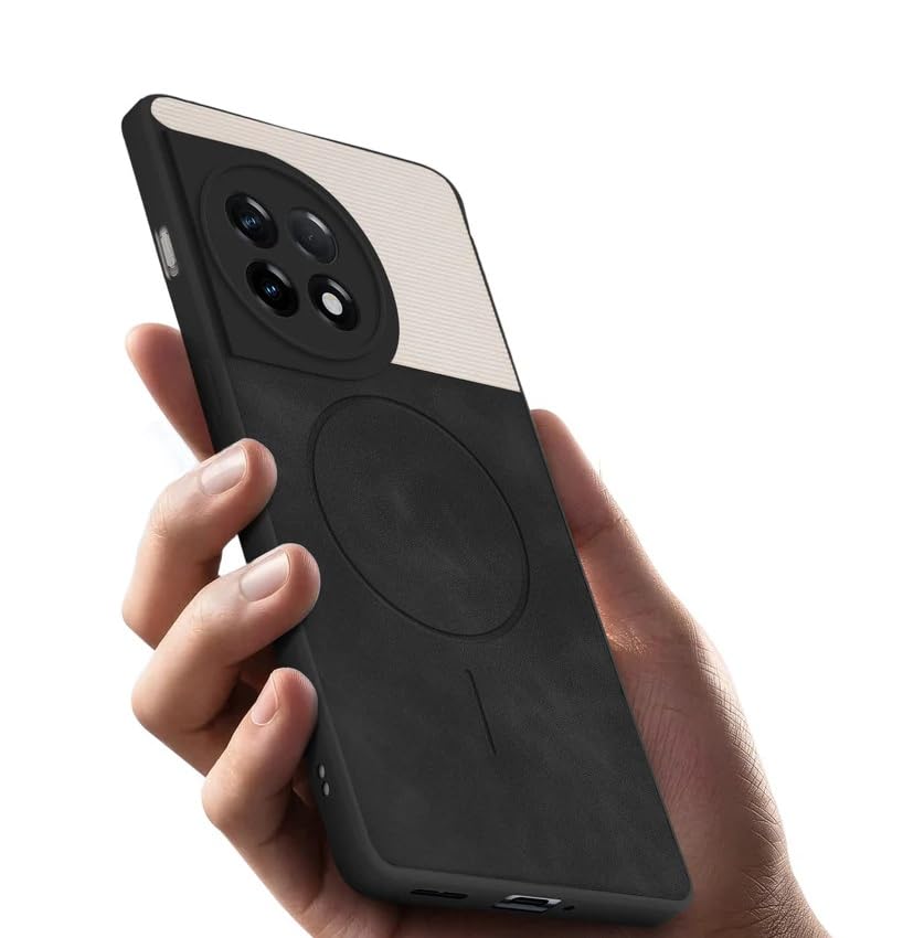 Image of Bintage CASE Mac Safe Design Hard Light Weight Back Case | Soft Border Camera Protect | Dual PU Leather Finish Back Cover Compatible for OnePlus 11R 5G - White & Black