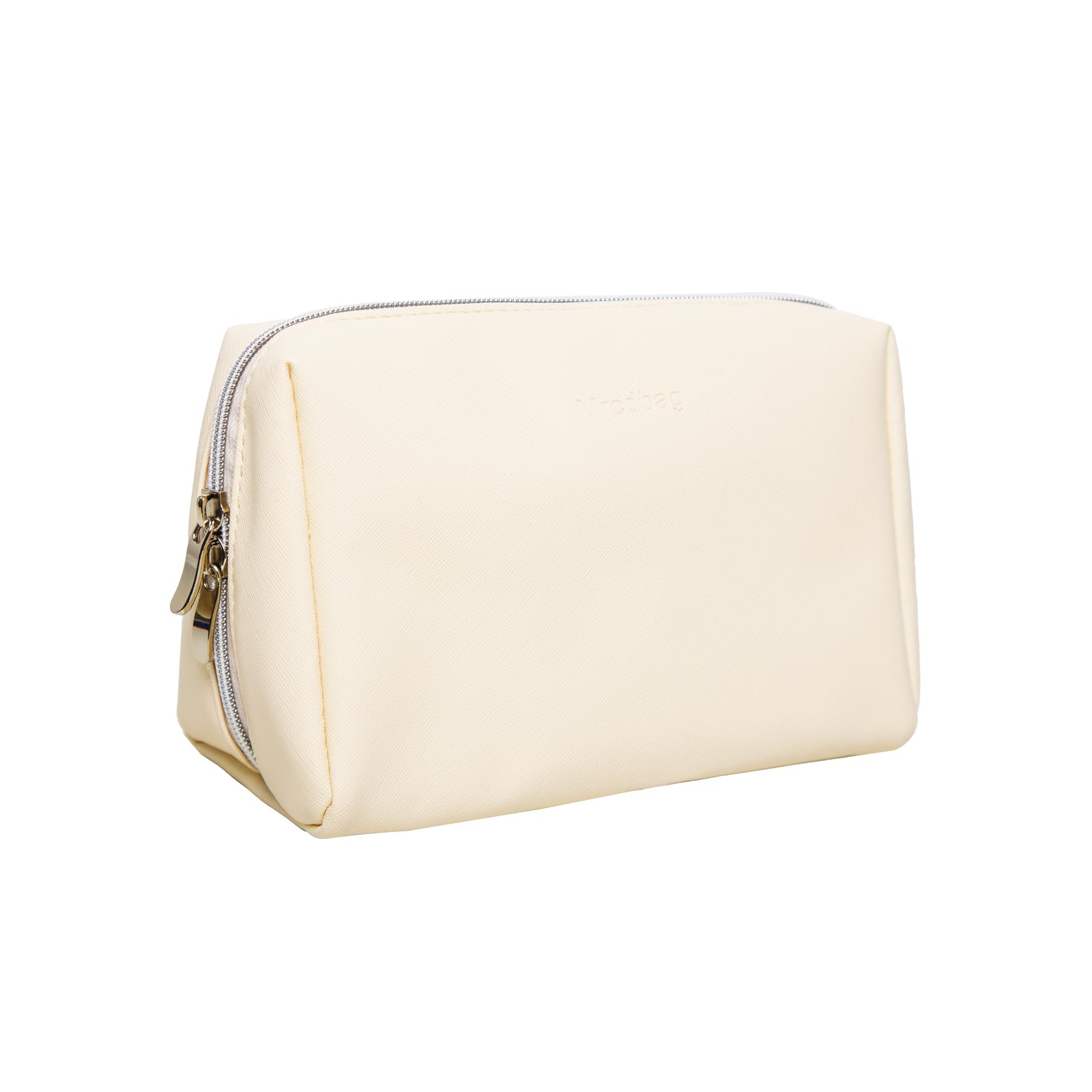 MrcdbagLightweight Travel Makeup Organizer Bag - Waterproof PU Leather Cosmetic Bag Portable Toiletry Bag Fashion Solid Color Zipper Makeup Pouch With Separate Compartments (Beige, Small)