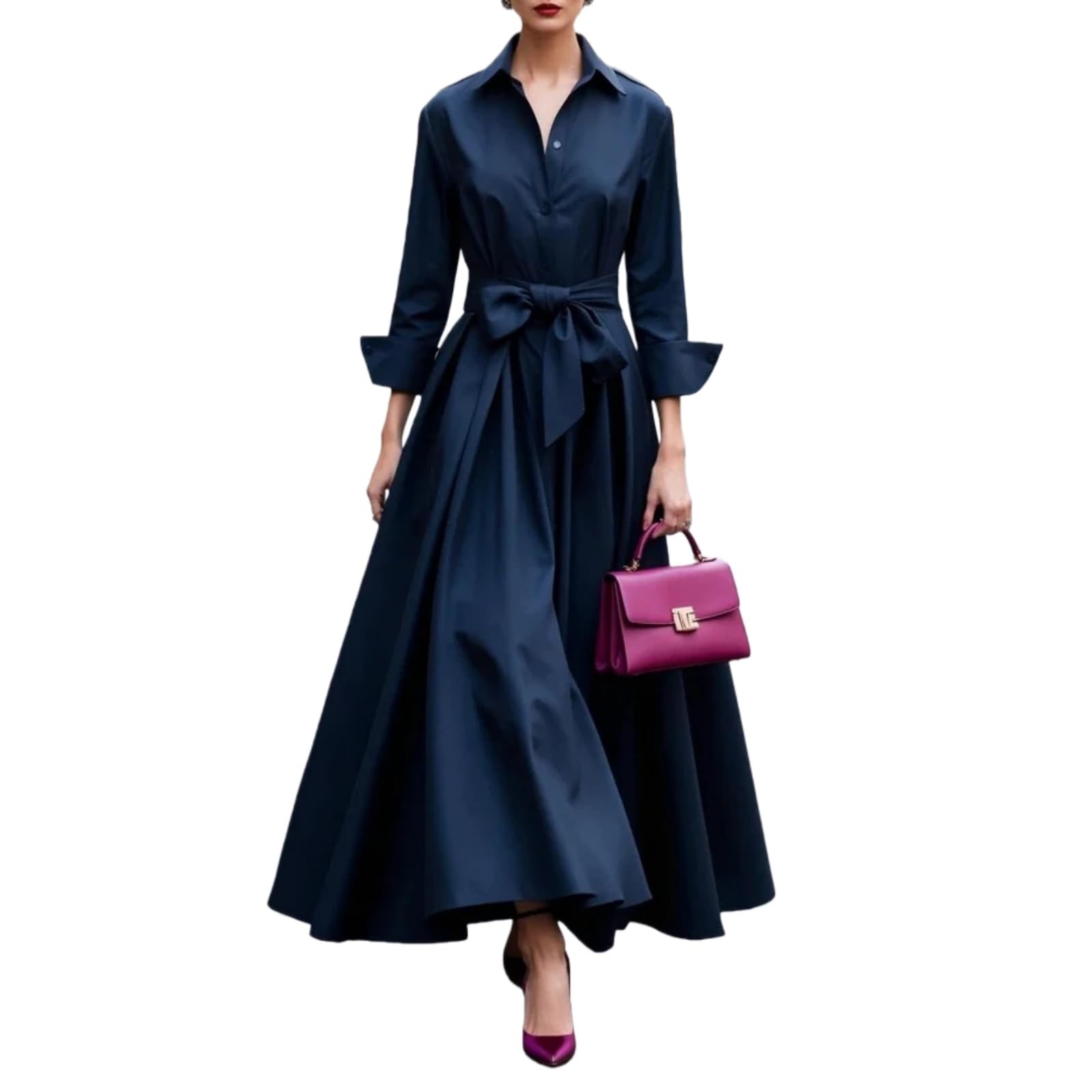 Vestidos camiseros para mujer, de otoño, casual, de manga larga, con botones y lazo en la cintura, vestidos de cóctel para invitados de boda