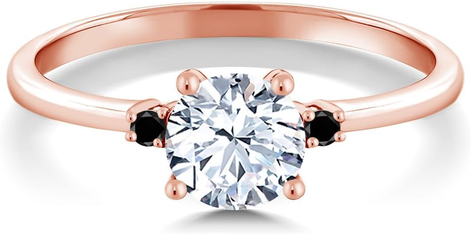 Gem Stone King 10K Rose Gold White Created Sapphire and Black Diamond Solitaire Engagement Ring For Women (1.23 Cttw, Round 6MM, Gemstone September Birthstone) - Image 2