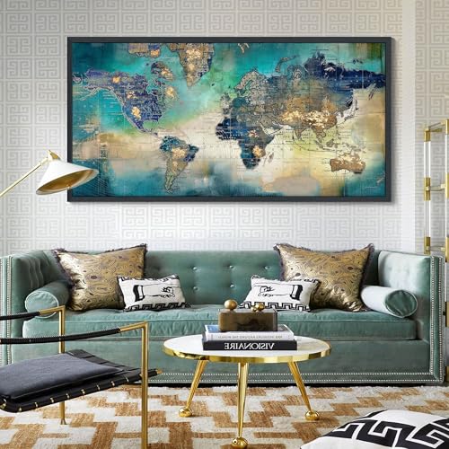 Image of Large World Map Canvas Prints Wall Art for Living Room Office inch29x58 inch Green World Map Picture Artwork Decor for Home Decoration Black Framed Wall Art