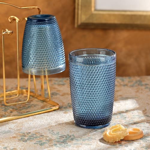 Joeyan Blue Drinking Glasses,Embossed Hobnail Beaded Water Tumbler Glasses,Colored Bubble Glass Cups,Glassware Set for Cocktail Soda Juice Beverage,10 oz,Set of 6,Dishwasher Safe