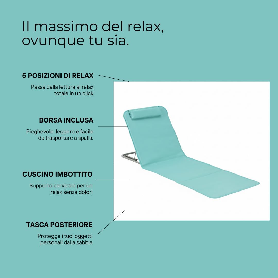 2 Stuoia Materassino Prendisole Pieghevole con Schienale Regolabile in 5 Posizioni, Cuscino Poggiatesta e Tasca Portaoggetti – Lettino Mare e Spiaggia con Borsa di Trasporto (2, Verde Acqua)