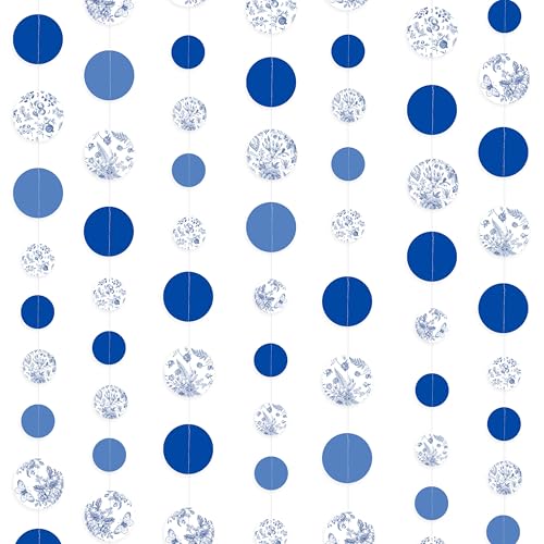 Image of Blue White Floral Party Decoration Dusty Blue Circle Dot with Floral Printed Polka Dots Garland Streamer for Chinoiserie Birthday Wedding Shower Engagement Bachelorette Party Decorations Supplies