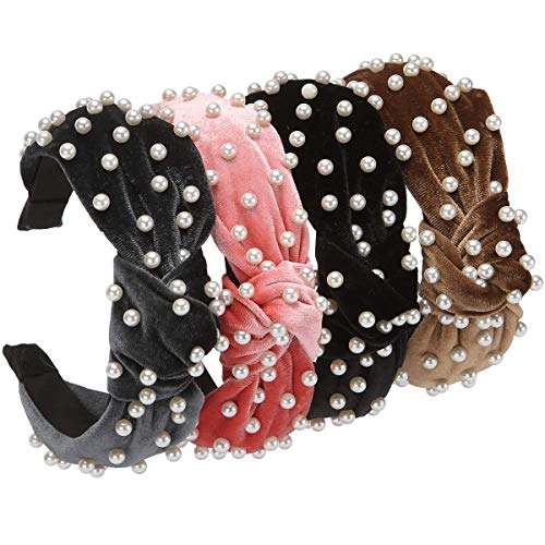 LONEEDY 4 Pack Velvet Wide Headbands With Faux Pearl, Twisted Knot Turban Hairbands Fashion Hair Accessories for Women and Girls (Black+Brown+Gray+Pink)