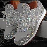 Glitter Tennis Sneakers for Women's Fashion Slip On Lace Up Sport Shoes Ladies Comfy Crystal Bling Sparkly Breathable Lightweight Walking Dress Shoes Orthotic Flat Heel Sneakers (Color : Silver, Siz