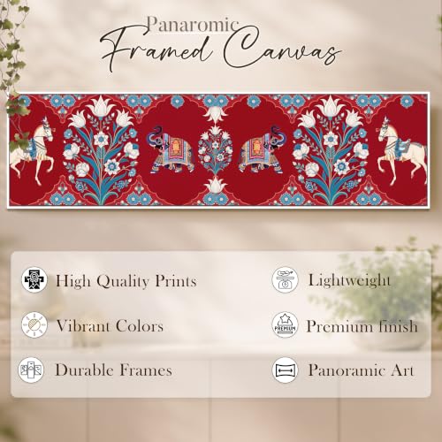 Image of Mughal folk Art Vibe Flower Canvas Framed Wall Art Painting For Living Room, Mughal-Inspired Elephant & Horse Painting With Frame Red Floral Ethnic Wall Art For Home & Office Decor, 13x47 Inch
