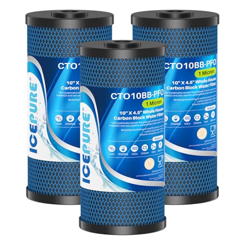 Image of ICEPURE 1 Micron 10 inch x 4.5 inch Whole House PFOA /PFOS Carbon Water Filter Cartridge Replacement for Dupont WFHDC8001,EP Series,EPM Series,CB-BB-10, GE FXHTC, GXWH40L, GXWH35F, GNWH38S, CTO10BB, Pack of 3