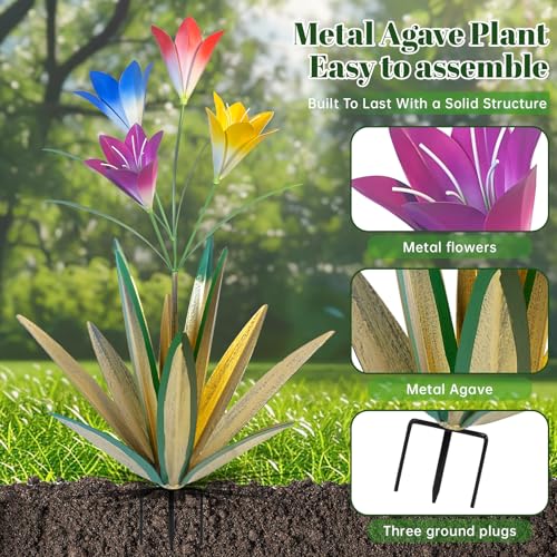 Image of TOMBABY 32.28 Inch Metal Agave Plant Outdoor Decoration Lily Mexican Yard Art Garden Gift Home Decor Hand Painted Metal Agave Garden Yard Statue (2pc, Grass Green)