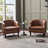 KINWELL Set of 2 Upgraded 29-inch Barrel Club Chairs, Sloped Arm Design for Small Spaces, Double Row Nailhead Trim, Faux Leather Accent Chairs with Solid Wood Legs for Living Room (Mottled Mesh Brown)