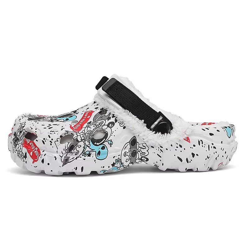 Image of Men's Printed Fuzzy Lined Clogs Winter Slip On Shoes | Warm Plush Lined Clog Shoes with Graphic Design, Lightweight Closed Toe Casual Footwear for Indoor Outdoor Wear