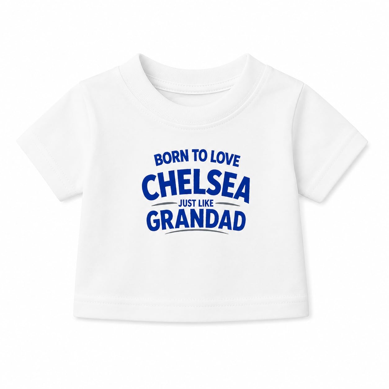 Cheekytots Baby Football T Shirt, Born to Love Chelsea Just Like Grandad, 100% Cotton Baby Tee, Short Sleeve Baby & Toddler Top, Football Top White