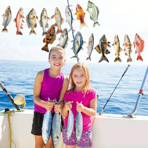 Image of Hooqict Fishing Hanging Banner Garland Fish Birthday Party Banner for Fish Birthday Party Decorations Gone Fishing Party Supplies Under The Sea Baby Shower Retirement Fathers Day Decorations