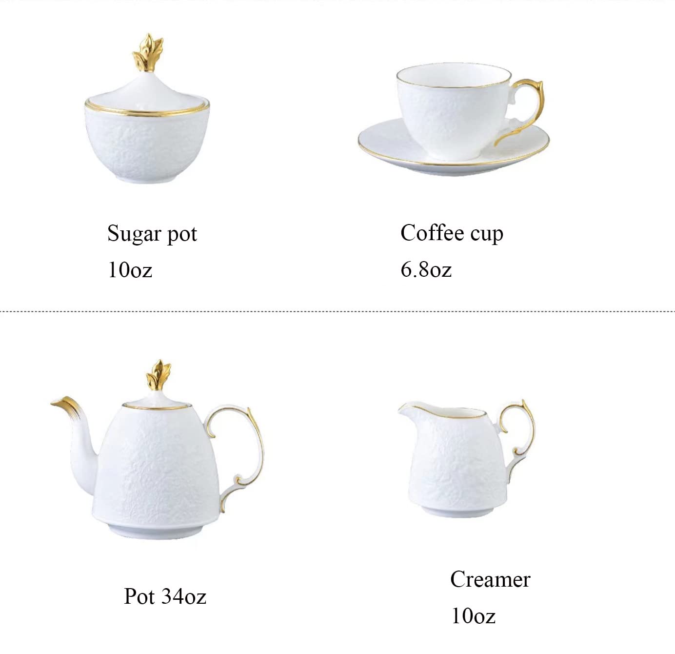 Juego de taza de té y café de 192.8 g, 21 piezas, taza de té en relieve esmaltada de colores blancos con platillo a juego, porcelana fina de hueso, servicio para 6 pulgadas