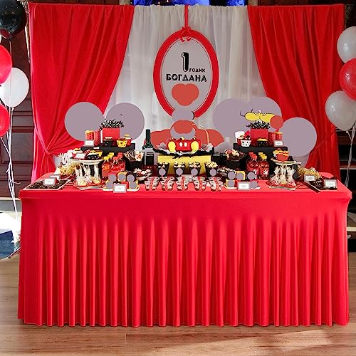 Image of 2 Pack Red Spandex Tablecloths for 6 Foot Rectangle Tables, Wrinkle Free 6ft Fitted Table Cloth Stretchy Table Clothes with Skirt for Parties Weddings Birthday Banquet Baby Shower