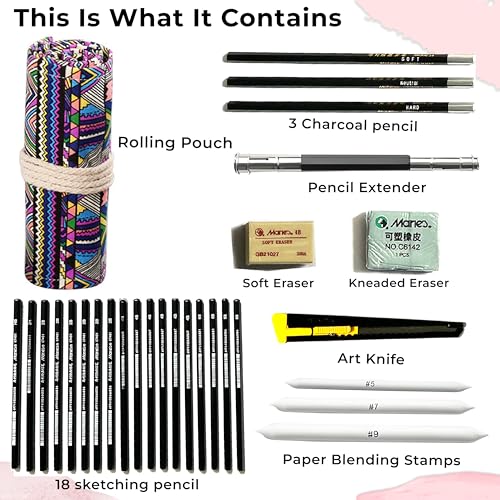 Image of DaKos 29 Pieces Professional Sketching & Drawing Art Tool Kit with Graphite Pencils, Charcoal Pencils, Paper Erasable Pen, Craft Cutter-Light weight (with Colorful Printed Rolling Pouch)