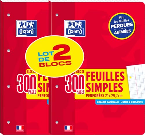 Lot de 2 pack de feuilles simples détachables Oxford A4 300p Seyès