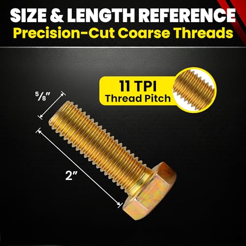 Image of Chenango Supply 5 /8-11 x 2 Grade 8 Hex Head Cap Screws | Alloy Steel Hex Bolts, 150,000 PSI Tensile Strength, Yellow Zinc Chromate Finish, USS Coarse Thread Fasteners (10 Pack)