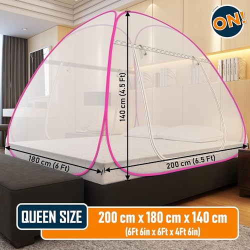 Image of Supreme On Single Bed Mosquito Net with Pocket for Mobile, Spectacles; 6.5 Feet x 4 Feet Premium Machardani, Strong and Durable, 30 GSM, Tent Type, Foldable, Corrosion Resistant, Pink Color