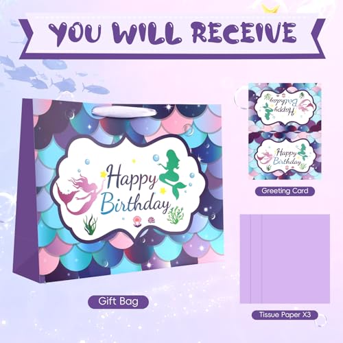 Image of JMANNI Large Happy Birthday Gift Bag with Tissue Papers and Greeting Card,Portable Paper Mermaid Gift Bags with Handles,Purple Present Bags for Women Girls Birthday Party Supplies13 x 10.2 inch x4.7 inch