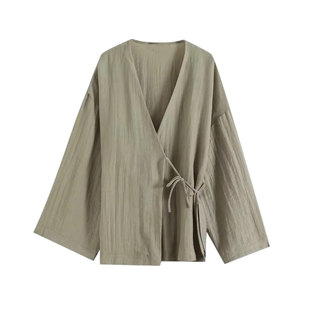 Camicetta da donna con lacci chic con scollo a V a maniche lunghe camicetta top tinta unita casual
