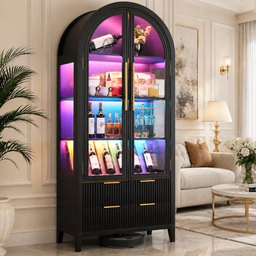 Image of LVSOMT 71 inch Arched Display Cabinet with Glass Doors and RGB Lights, Black
