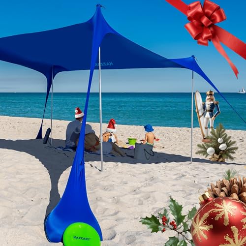 KAZZARY Beach Tent, UPF50+ 7.5x7 ft Sun Shade Canopy with Sandbags, 4 Stability Poles, Ground Pegs, Flying Disc Sand Shovel. Lightweight Sunshade Shelter, 7ft Tall for Camping Outdoor Trips and Sports