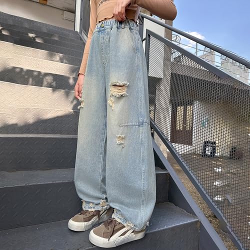 Girls Ripped Jeans Casual Distressed Versatile Straight Denim Pants Vintage Wide Leg Trousers with Pockets4