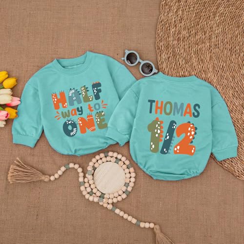 Personalized Half Birthday Outfit Baby Boy, 1/2 Birthday Boy Bubble Romper, Half Way To One Boy Bodysuit3