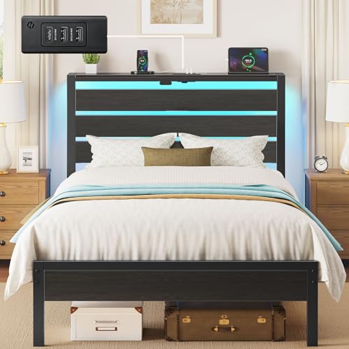 Rolanstar Bed Frame Twin Size with USB Charging Station, LED Bed Frame with Wood Storage Headboard, Black Metal Platform Bed with Under Bed Storage, No Box Spring Needed, Noise Free