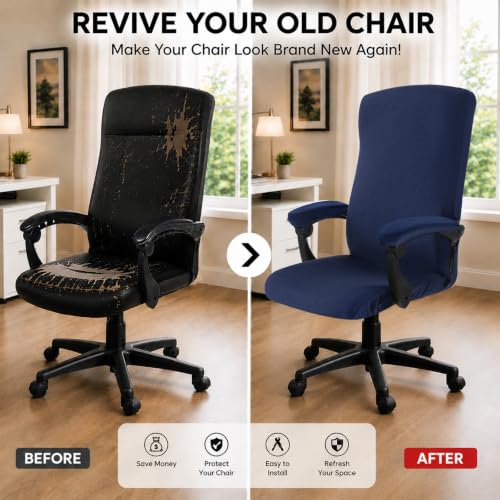 Image of Stretch Computer Office Chair Cover with Armrest Covers Durable Zipper Universal Washable Removable Spandex Rotating Boss Chair Slipcovers Anti-dust Soft Desk Chair Seat Protector, Navy
