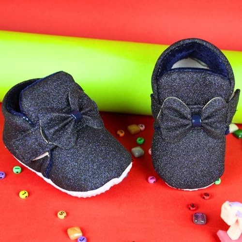 Image of Neska Moda 6 To 12 Months Baby Girls Cotton Hook & Loop Bow Booties -BT1766