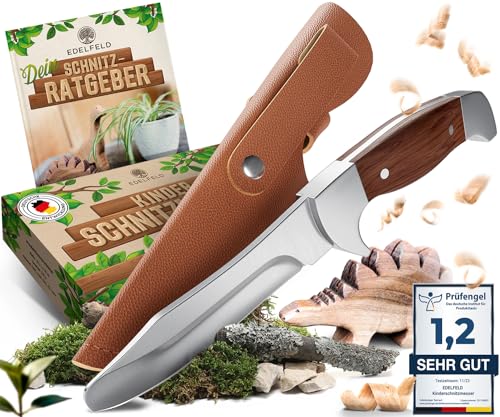 EDELFELD [Das Original - Schnitzmesser Kinder ab 6 Jahre - Sicheres Taschenmesser Kinder mit Fingerschutz - Schnitzmesser für Links- & Rechtshänder - Kinderschnitzmesser inkl. Scheide & Schnitzbuch