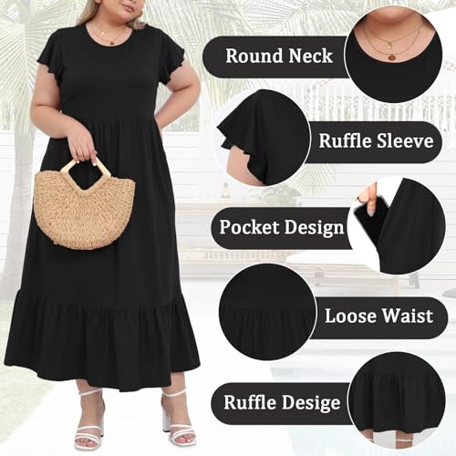 Moon Wood Women's 2025 Plus Size Casual Dress Crew Neck Ruffle Short Sleeve Summer Maxi Dresses with Pockets4