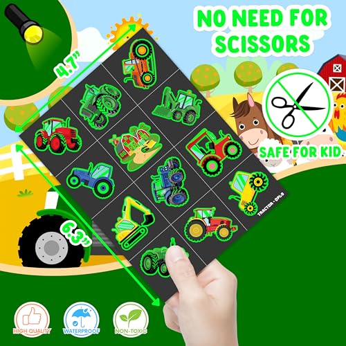 Image of 96 PCS Tractor Pre-Cut Luminous Glow in the Dark Temporary Tattoos for Kids | Farm Farmhouse Theme Birthday Party Favors, Supplies, Decorations, Fake Tattoo Stickers, Rewards & Gifts For Boys & Girls