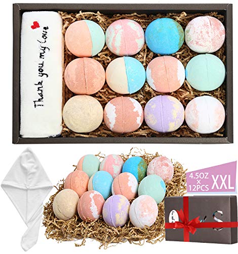 12 Organic & Natural Bath Bombs Handmade Made Large 4.5 oz Vegan All Natural Gift Set, Perfect for Bubble & Spa Bath. Give Microfiber Hair Towe
