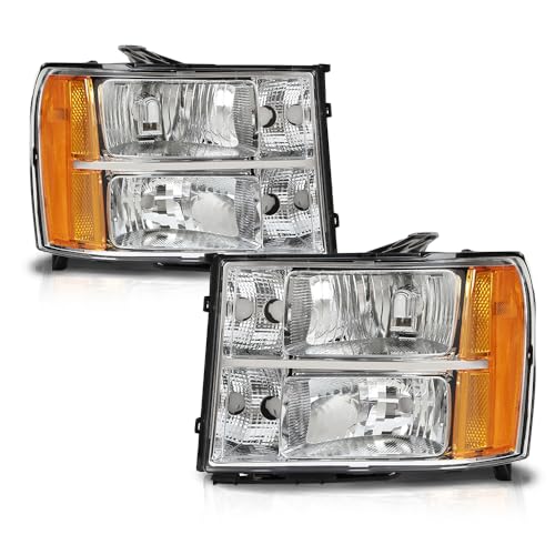PIT66 Headlight Assembly Compatible with 2007-2013 GMC Sierra 1500 2500HD 3500HD Headlamps Assembly Accessories Driver & Passenger Side Clear Lens Chrome Housing Amber Reflector